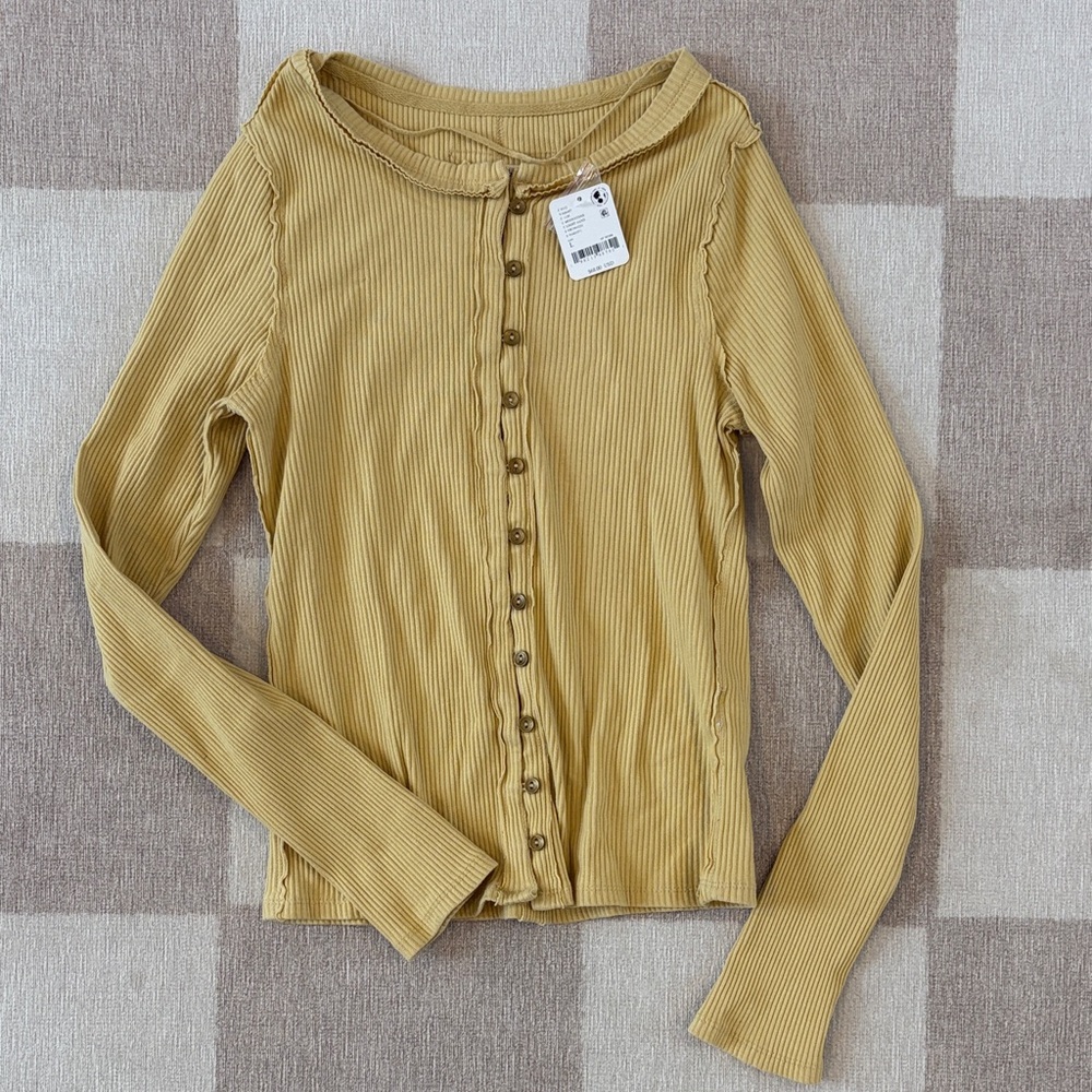 NWT We The Free Yellow Button-Down Ribbed Shirt